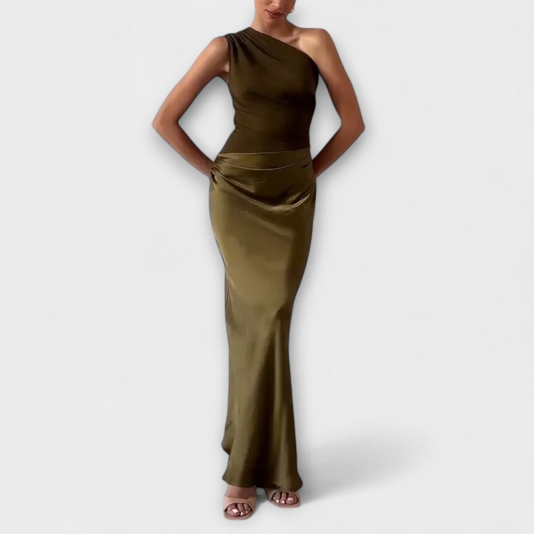 Elandra™ | Elegant One-Shoulder Pleated Maxi Dress