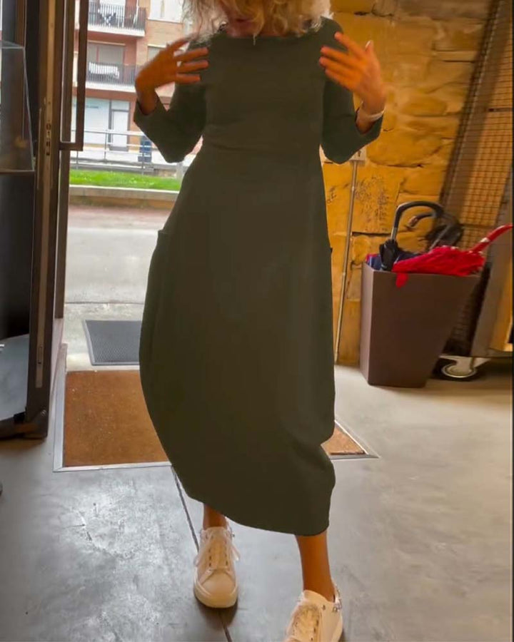 Tavina™ | Elegant Round Neck Pocket Dress