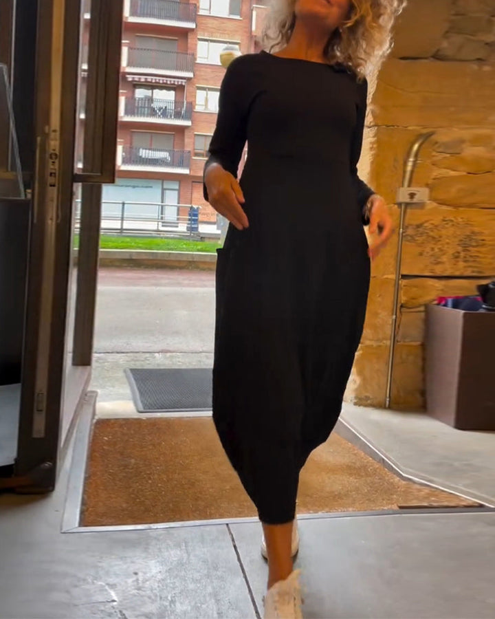 Tavina™ | Elegant Round Neck Pocket Dress