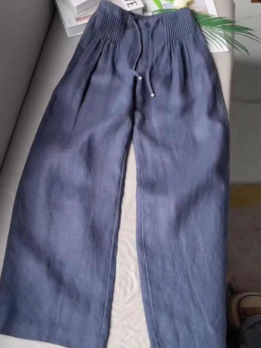 Women's Solid Color Pleated Drawstring Casual Cotton and Linen Wide Leg Pants