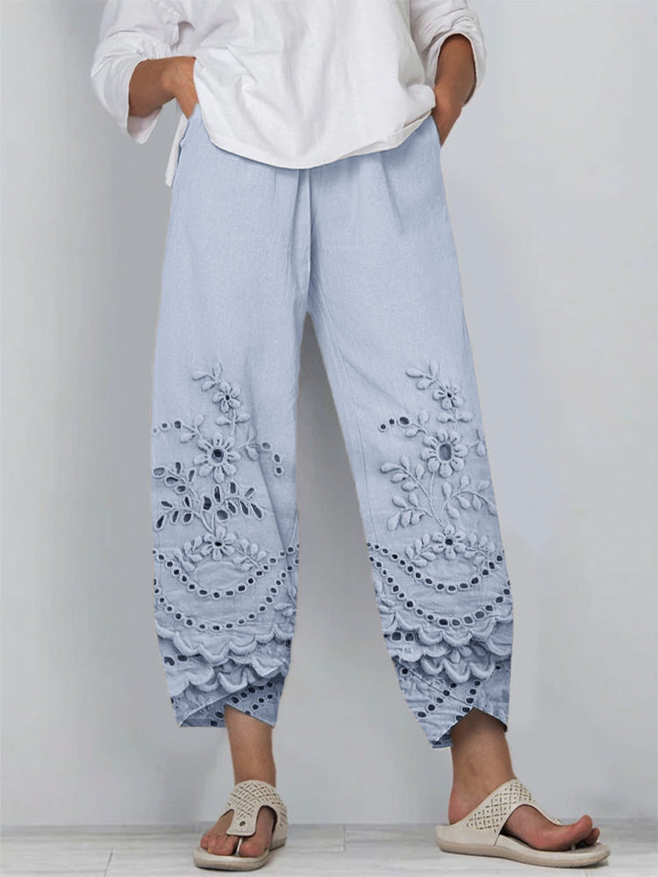 Verena - Solid Color Floral Lace Loose Pants