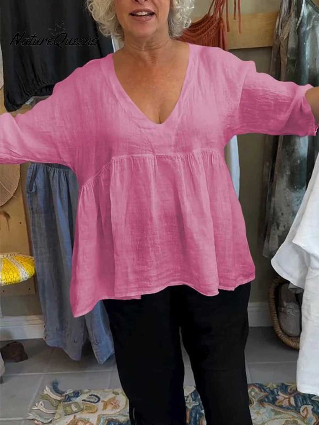 Nadia™ V-Neck Cotton and Linen Shirt